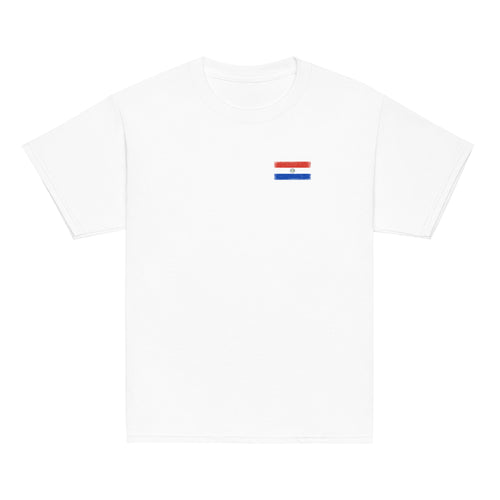 Paraguay flag t-shirt in White, vintage-washed print, small flag on the left chest, kids cut, front view