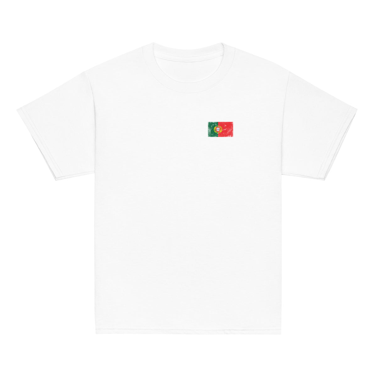 Portugal flag t-shirt in White, vintage-washed print, small flag on the left chest, kids cut, front view