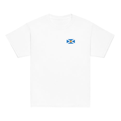 Scotland flag t-shirt in White, vintage-washed print, small flag on the left chest, kids cut, front view